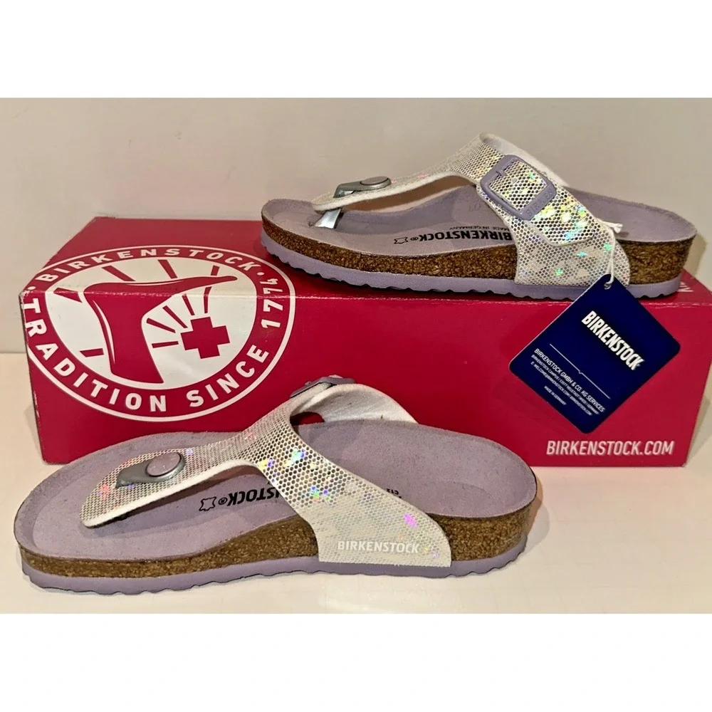 Birkenstock Kids Size EU 30 US K12 Narrow Gizeh Sandals Hologram Silver Lavender